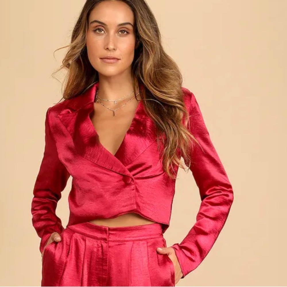 NWT - Lulus Very Merry Berry Red Satin Cropped Blazer